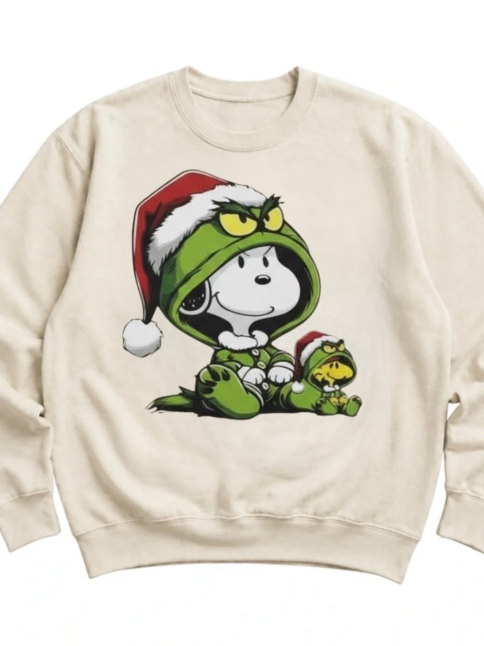 Cream Sweatshirt with Green & Red Holiday Snoopy Graphic